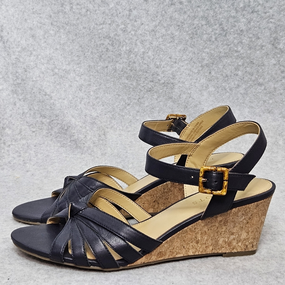 Talbots Royce Knot Nappa Wedge Sandals Navy Leather Upper Women's 9.5